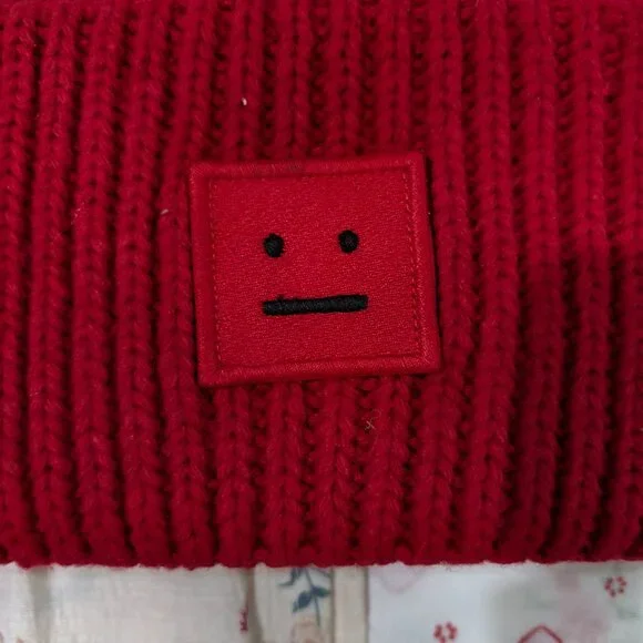 Acne Studios Red Smiley Face Square Logo Knit Hat - Picture 2 of 7